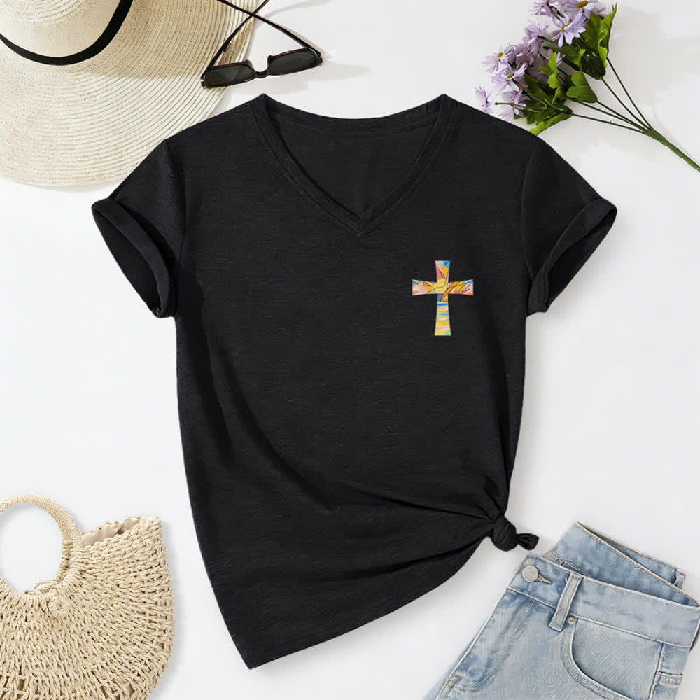 Christianartworkshop Grace Cross Damen-T-Shirt mit gerollten Ärmeln und Knotensaum, V-Ausschnitt - image 2