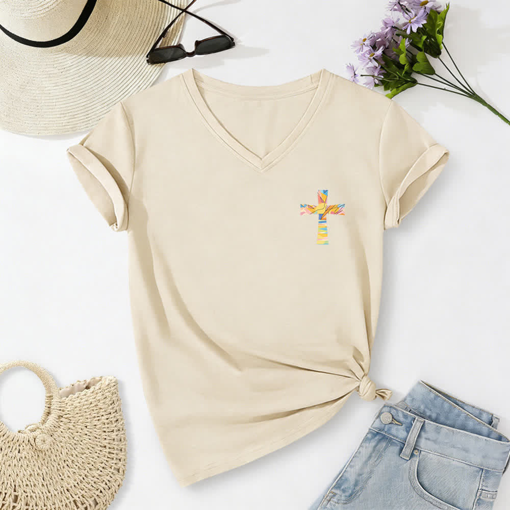 Christianartworkshop Grace Cross Damen-T-Shirt mit gerollten Ärmeln und Knotensaum, V-Ausschnitt - image 32