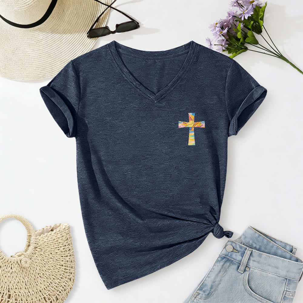 Christianartworkshop Grace Cross Damen-T-Shirt mit gerollten Ärmeln und Knotensaum, V-Ausschnitt - image 26