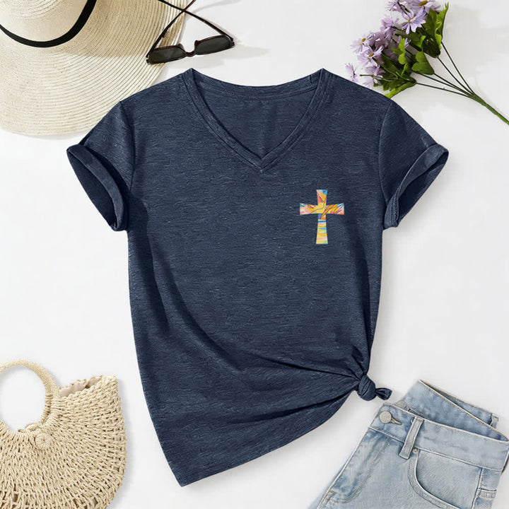 Christianartworkshop Grace Cross Damen-T-Shirt mit gerollten Ärmeln und Knotensaum, V-Ausschnitt - image 26