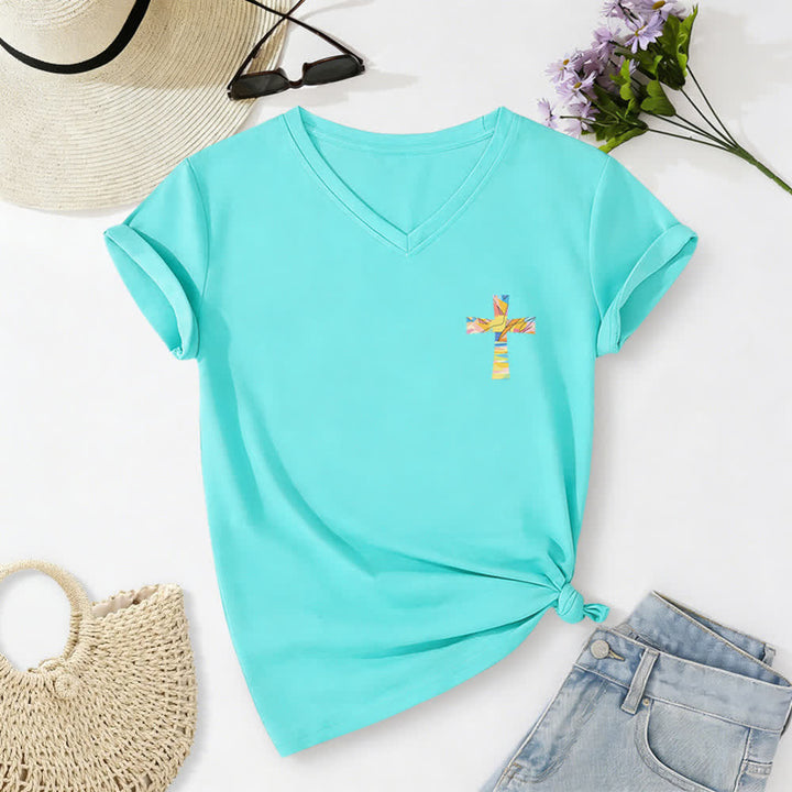 Christianartworkshop Grace Cross Damen-T-Shirt mit gerollten Ärmeln und Knotensaum, V-Ausschnitt - image 8