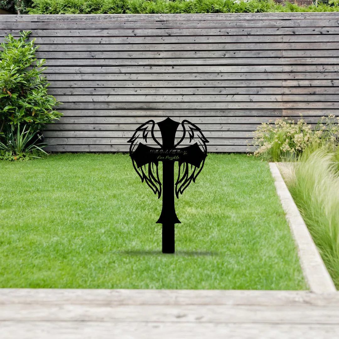 Christianartworkshop Geflügeltes heiliges Kreuz, lasergeschnittener Metall-Gartenstecker: Symbol der allmächtigen himmlischen Kraft - image 4
