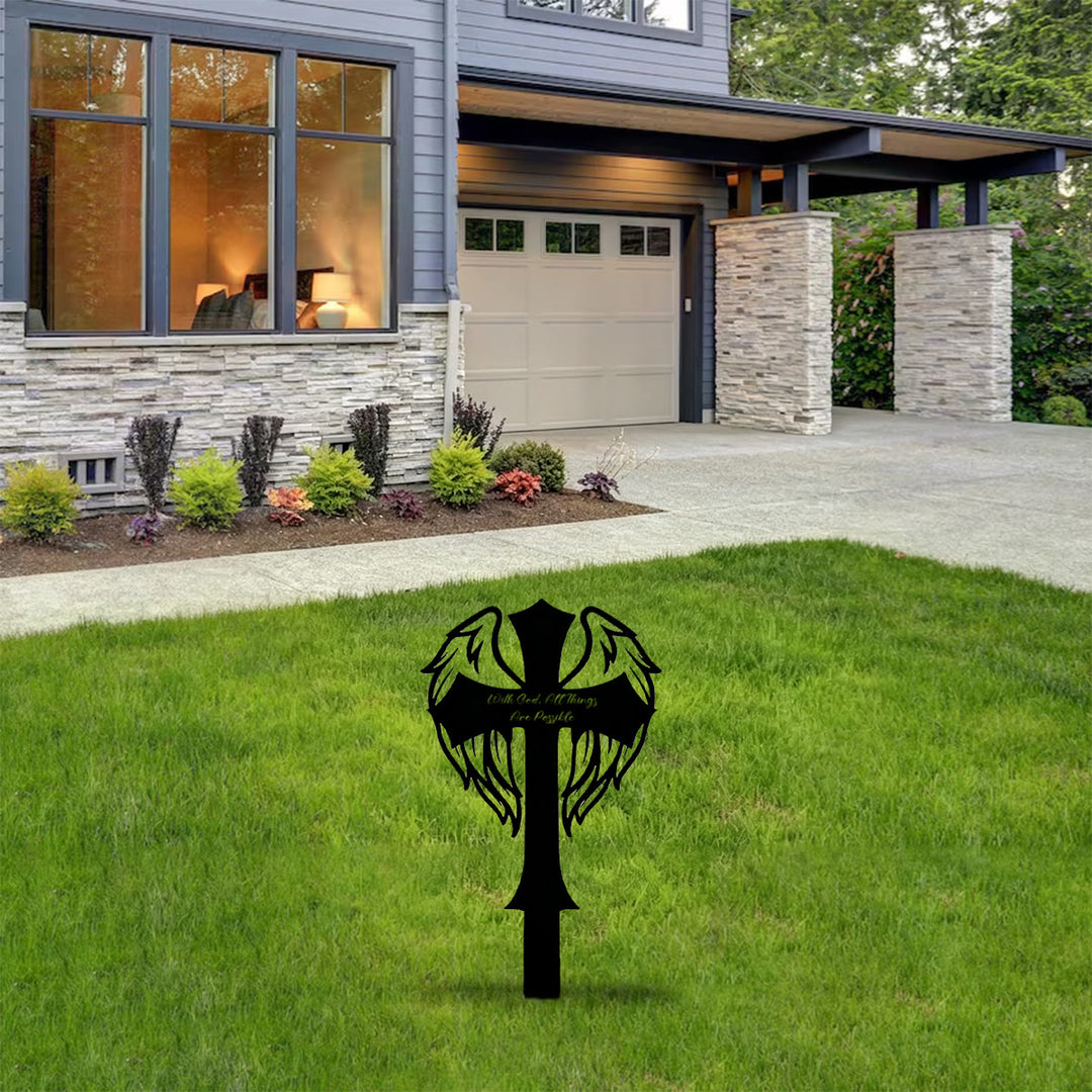 Christianartworkshop Geflügeltes heiliges Kreuz, lasergeschnittener Metall-Gartenstecker: Symbol der allmächtigen himmlischen Kraft - image 5