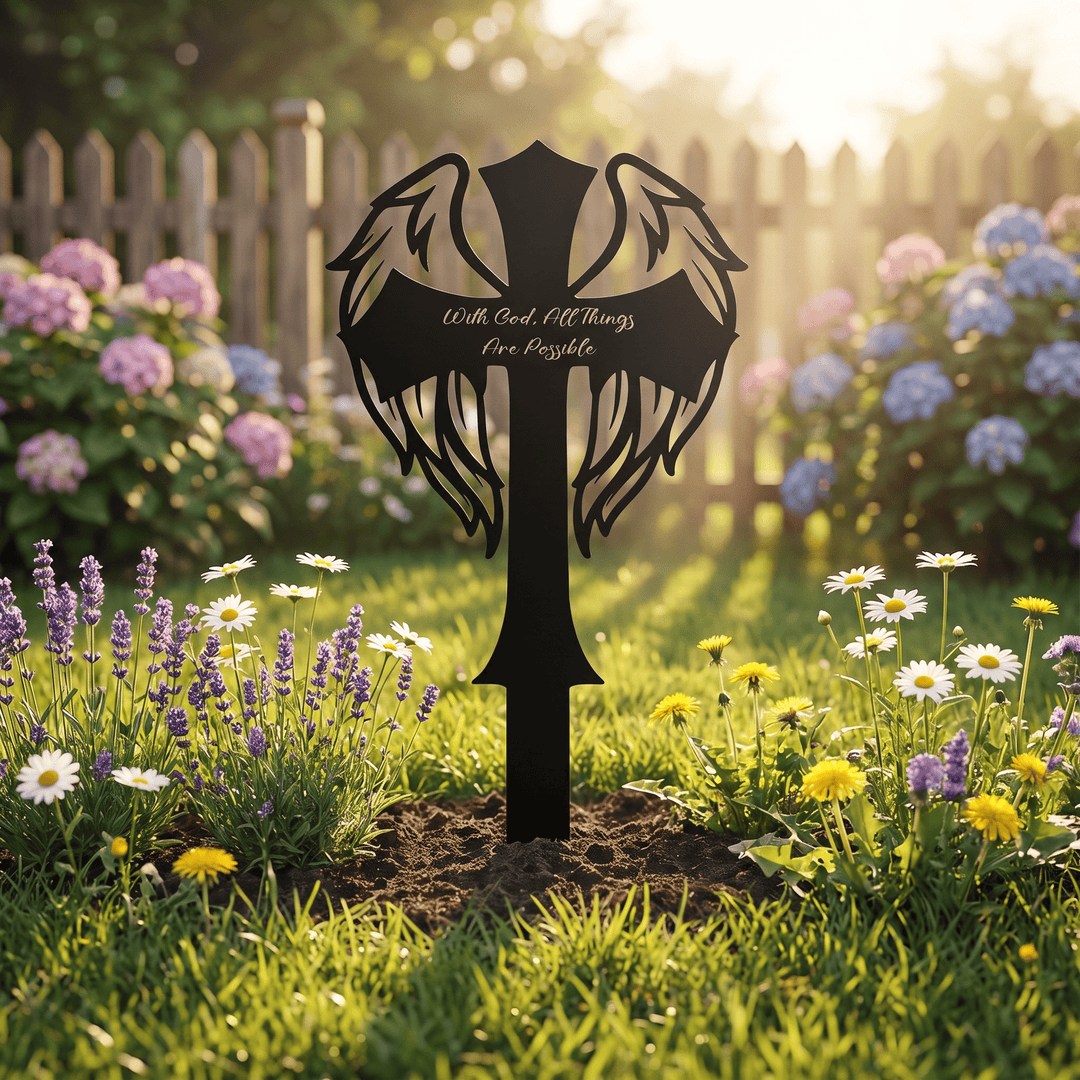 Christianartworkshop Geflügeltes heiliges Kreuz, lasergeschnittener Metall-Gartenstecker: Symbol der allmächtigen himmlischen Kraft - image 3