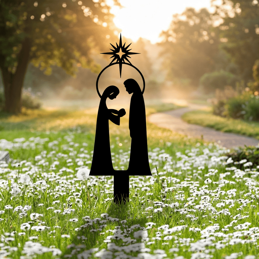 Christianartworkshop Rostfreier, matter Metall-Gartenstecker mit Heiliger Familie: Symbol für langanhaltende, heilige Wärme im Freien - image 0