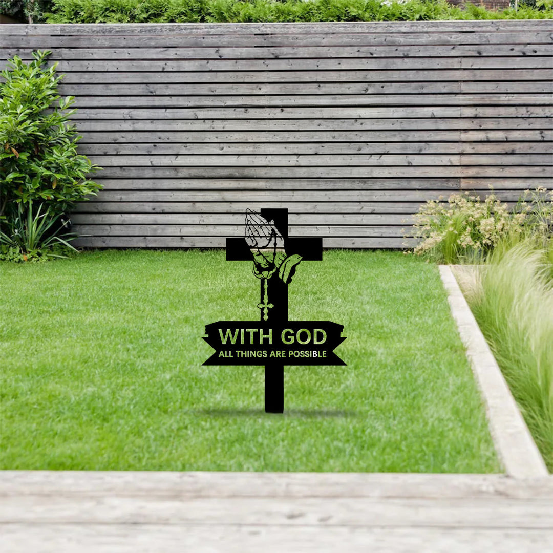 Christianartworkshop Metall-Gartenpfahl mit betenden Händen und inspirierendem Text: Symbol unerschütterlicher heiliger Überzeugung - image 0
