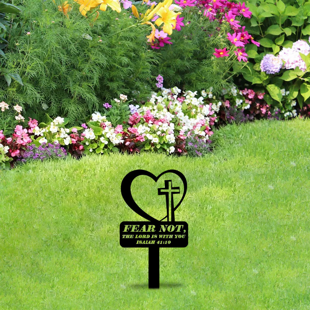 Christianartworkshop Lasergeschnittener Herzkreuz-Gartenstecker aus Metall mit Bibelvers: Symbol für tröstenden himmlischen Mut - image 2