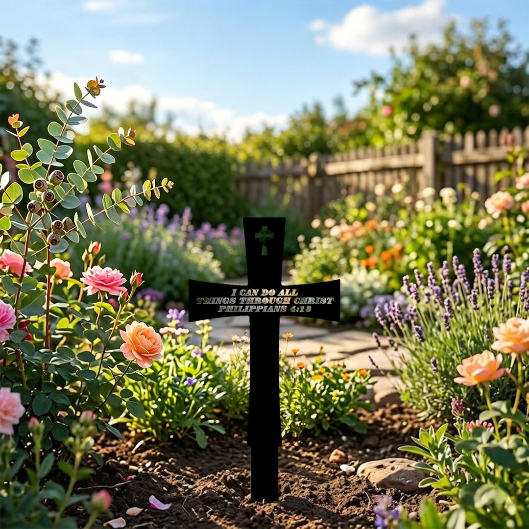 Christianartworkshop Traditioneller kreuzförmiger Metall-Gartenpfahl mit inspirierendem Bibelzitat: Symbol unerschütterlicher göttlicher Stärke - image 0