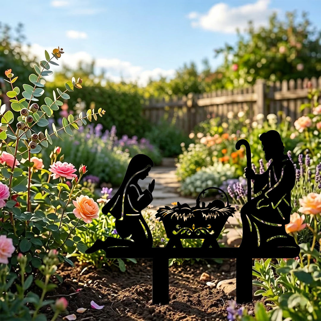 Christianartworkshop Metall-Gartenstecker mit Krippenmotiv der Heiligen Familie: Symbol für die friedvolle Wärme der heiligen Geburt - image 0