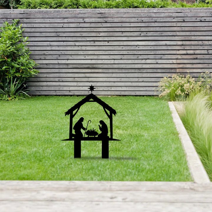 Christianartworkshop Gartenpfahl mit der Silhouette der Heiligen Familie: Symbol für friedvolle, heilige Nacht und andächtige Wärme - image 0