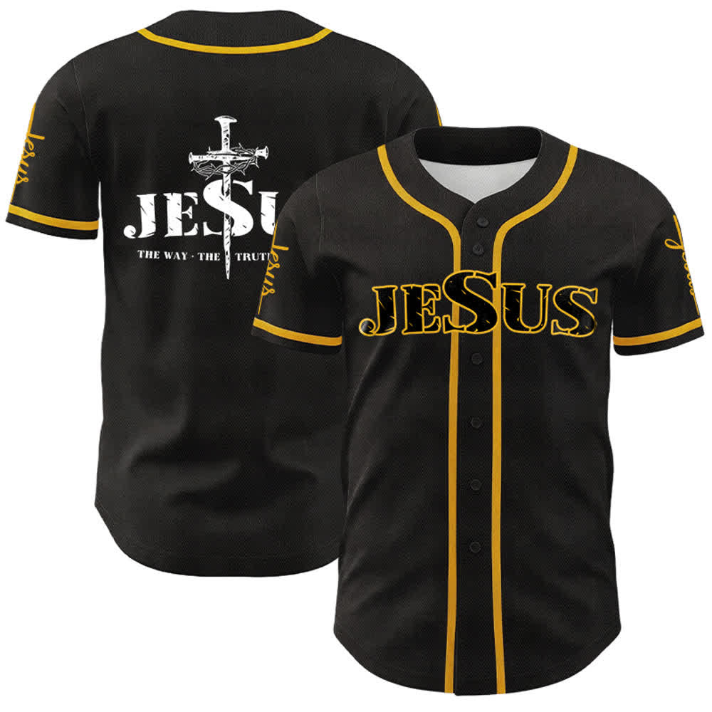 Christianartworkshop Jesus Kreuz Nagel und Dornenkrone Baseballtrikot - Schwarzer Jesus - Golden - 5XL - image 0