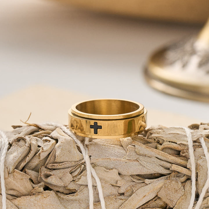 Christianartworkshop Gravierter, drehbarer Ring mit Kreuzmotiv zur Linderung von Angstzuständen: Symbol für beständige himmlische Führung - Golden - US 12 - image 0