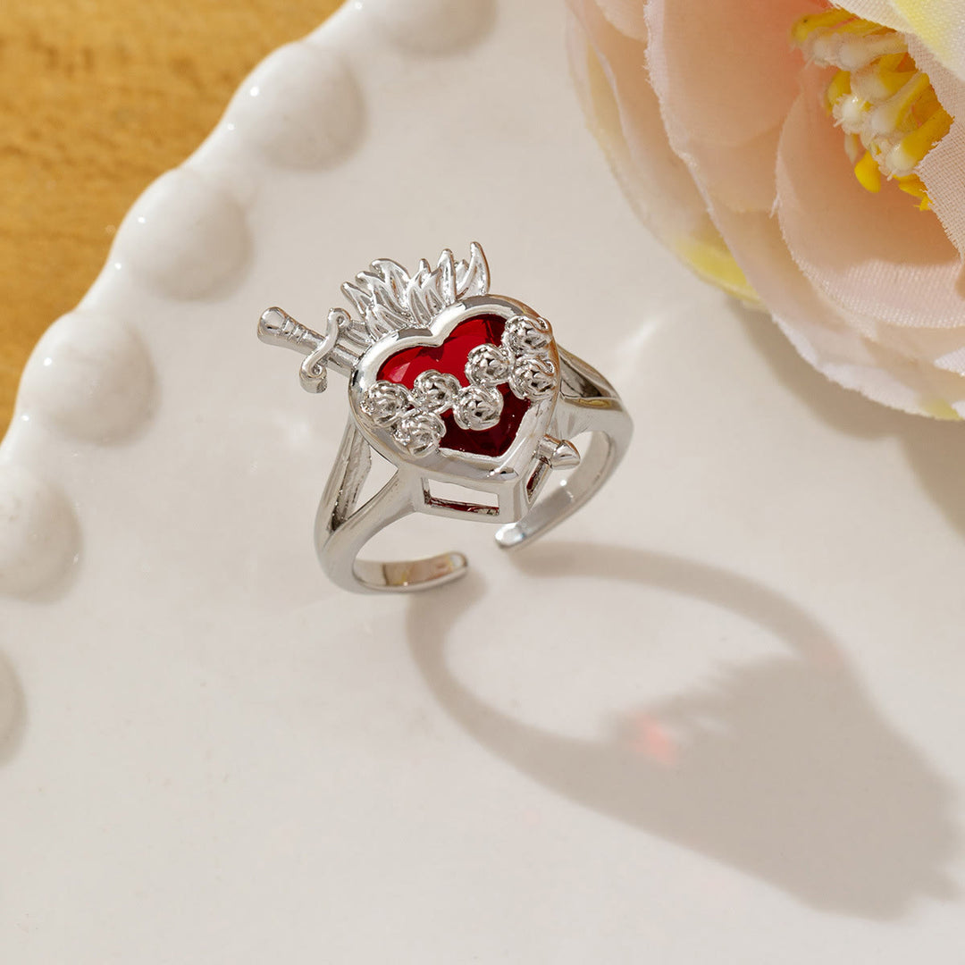 Christianartworkshop Verzierter, verstellbarer offener Ring mit dem Heiligen Herzen: Symbol grenzenlosen himmlischen Mitgefühls - B - US 10 - image 2