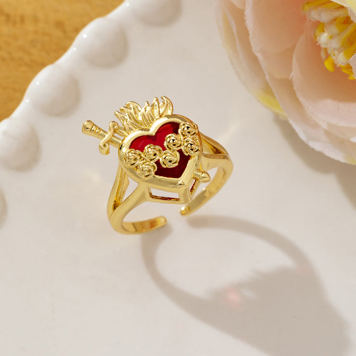 Christianartworkshop Verzierter, verstellbarer offener Ring mit dem Heiligen Herzen: Symbol grenzenlosen himmlischen Mitgefühls - A - US 10 - image 1