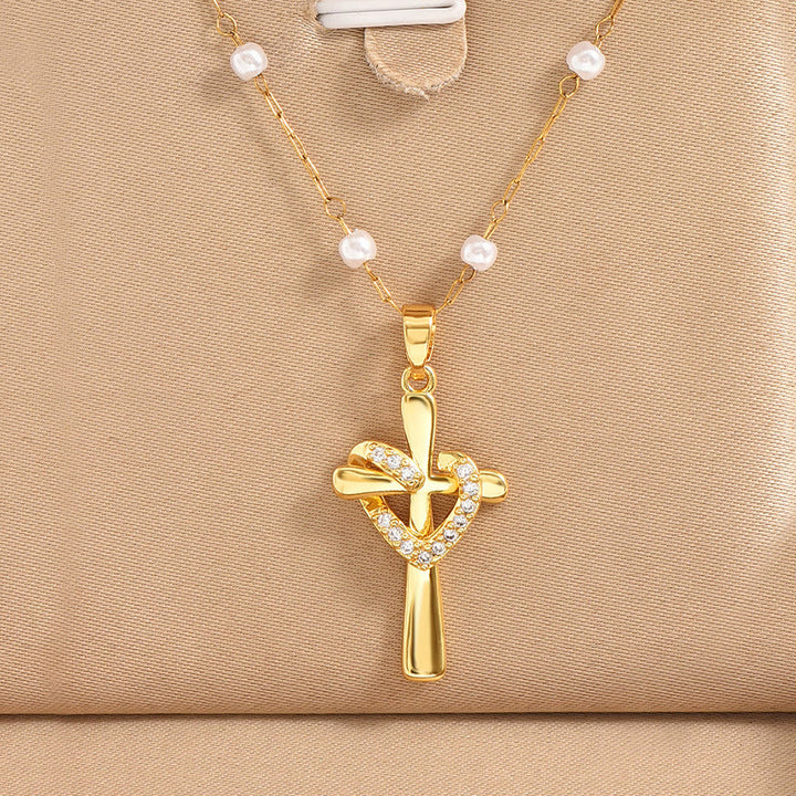 Christianartworkshop Perlenkette mit Pavé-Herz und umwickeltem Kreuz: Symbol himmlischer Zuneigung von ganzem Herzen - image 3