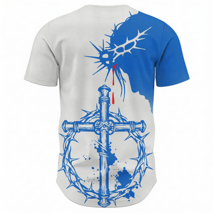 Christianartworkshop Zweifarbiges weißes und blaues Unisex-Baseballtrikot mit Dornenmuster und Kreuzmotiv - image 2