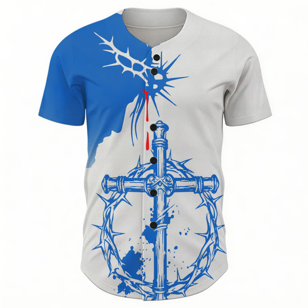 Christianartworkshop Zweifarbiges weißes und blaues Unisex-Baseballtrikot mit Dornenmuster und Kreuzmotiv - image 1