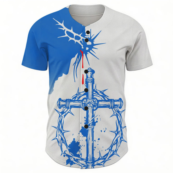 Christianartworkshop Zweifarbiges weißes und blaues Unisex-Baseballtrikot mit Dornenmuster und Kreuzmotiv - image 1