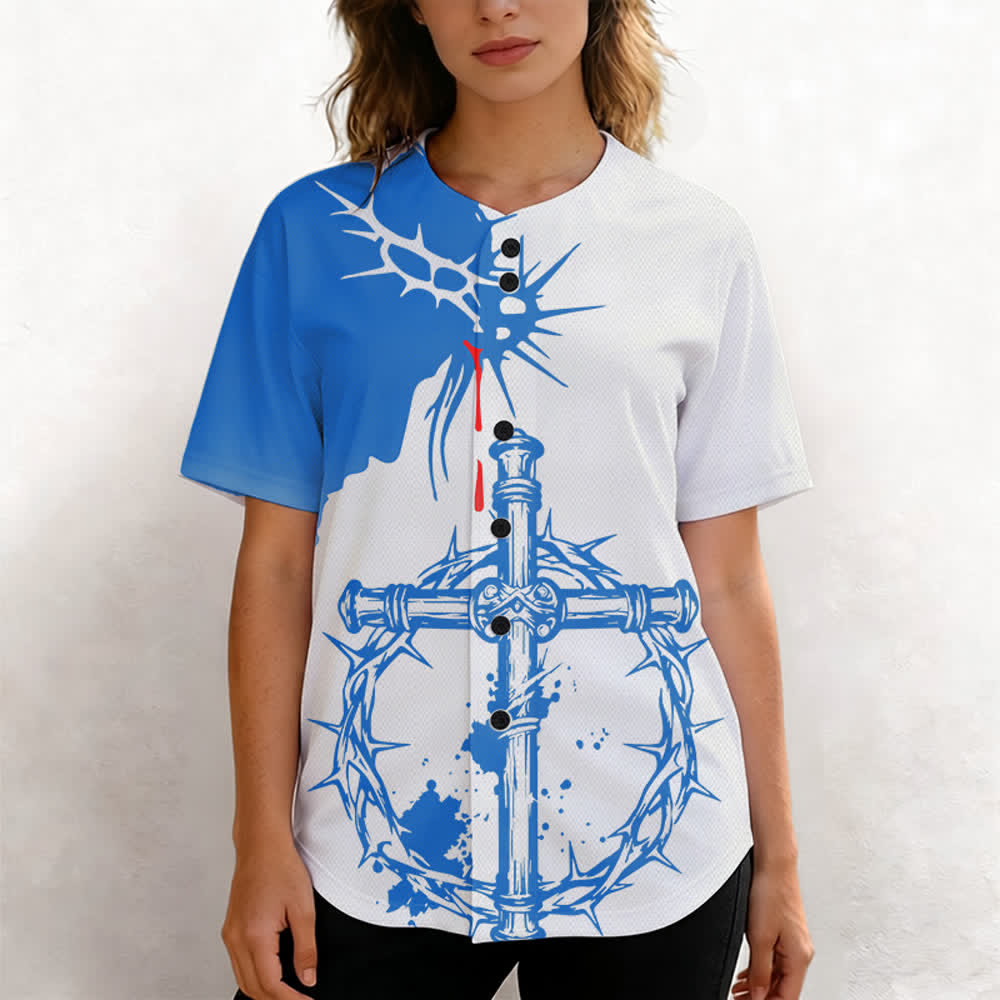 Christianartworkshop Zweifarbiges weißes und blaues Unisex-Baseballtrikot mit Dornenmuster und Kreuzmotiv - image 5