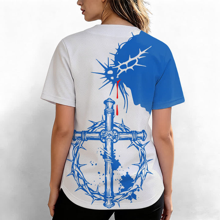 Christianartworkshop Zweifarbiges weißes und blaues Unisex-Baseballtrikot mit Dornenmuster und Kreuzmotiv - image 6