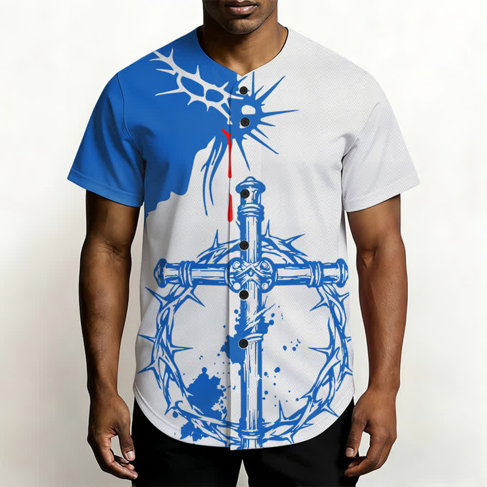 Christianartworkshop Zweifarbiges weißes und blaues Unisex-Baseballtrikot mit Dornenmuster und Kreuzmotiv - image 3