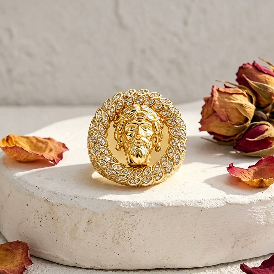 Christianartworkshop Statement-Ring mit eisbesetztem Pavé-Fassung und Halo-Motiv: Symbol unendlichen himmlischen Mitgefühls - image 6