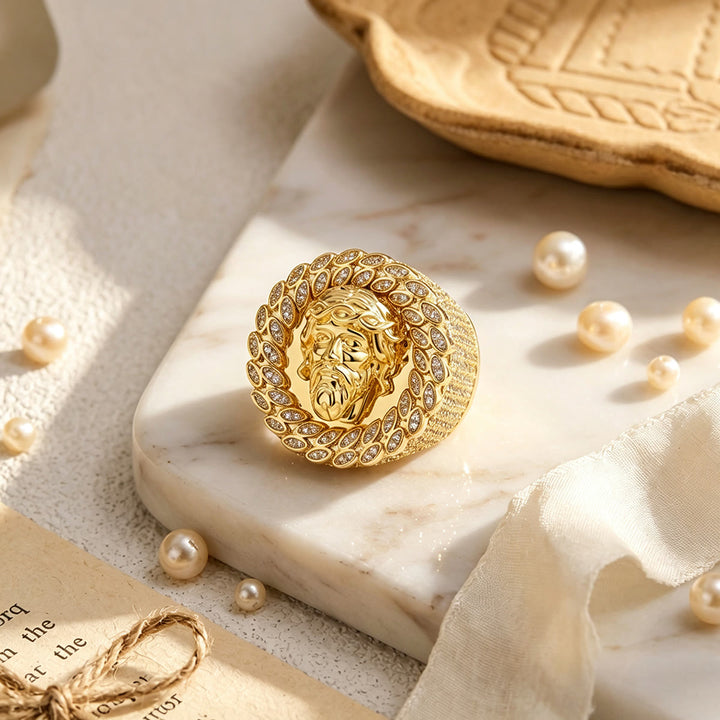 Christianartworkshop Statement-Ring mit eisbesetztem Pavé-Fassung und Halo-Motiv: Symbol unendlichen himmlischen Mitgefühls - image 7