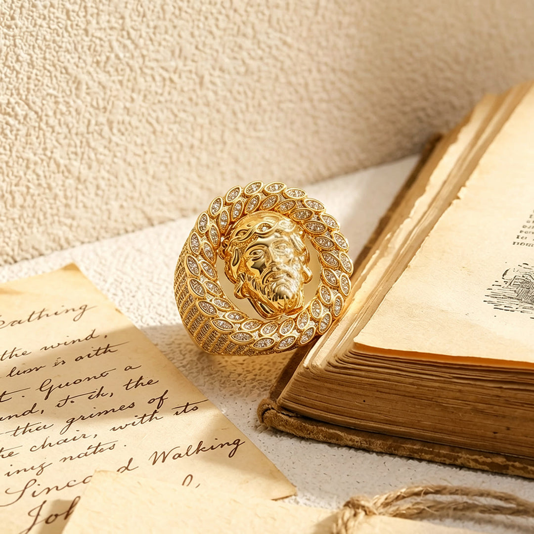 Christianartworkshop Statement-Ring mit eisbesetztem Pavé-Fassung und Halo-Motiv: Symbol unendlichen himmlischen Mitgefühls - image 9