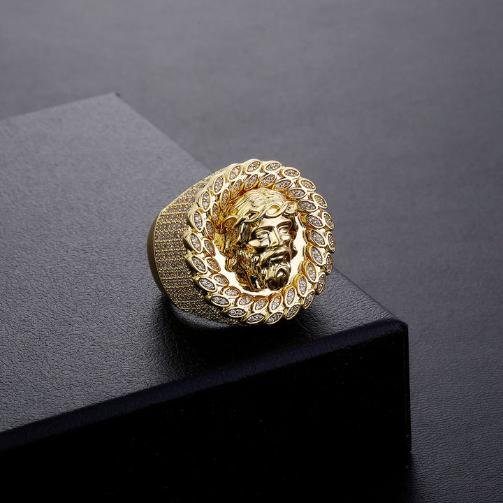 Christianartworkshop Statement-Ring mit eisbesetztem Pavé-Fassung und Halo-Motiv: Symbol unendlichen himmlischen Mitgefühls - US 11 - image 0