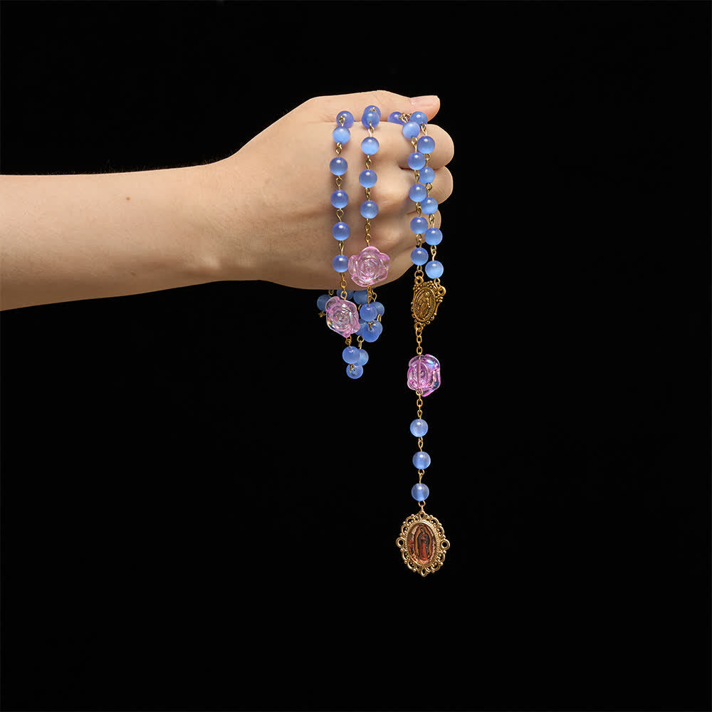 Christianartworkshop Rosenkranz mit blauer Katzenaugenrose und Marienmedaille: Zeichen der sanften himmlischen Barmherzigkeit - image 1