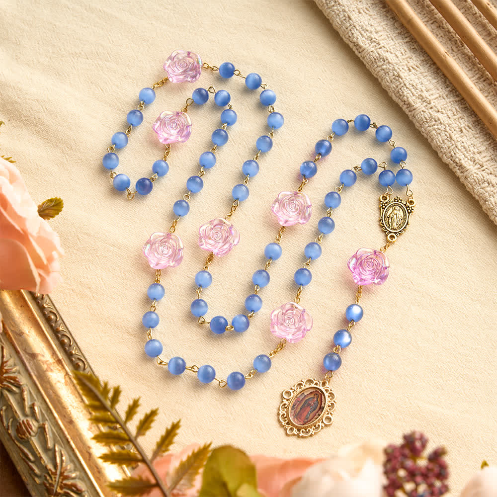Christianartworkshop Rosenkranz mit blauer Katzenaugenrose und Marienmedaille: Zeichen der sanften himmlischen Barmherzigkeit - Rosenkranz der Sieben Schmerzen mit dem blauen Katzenauge - image 0