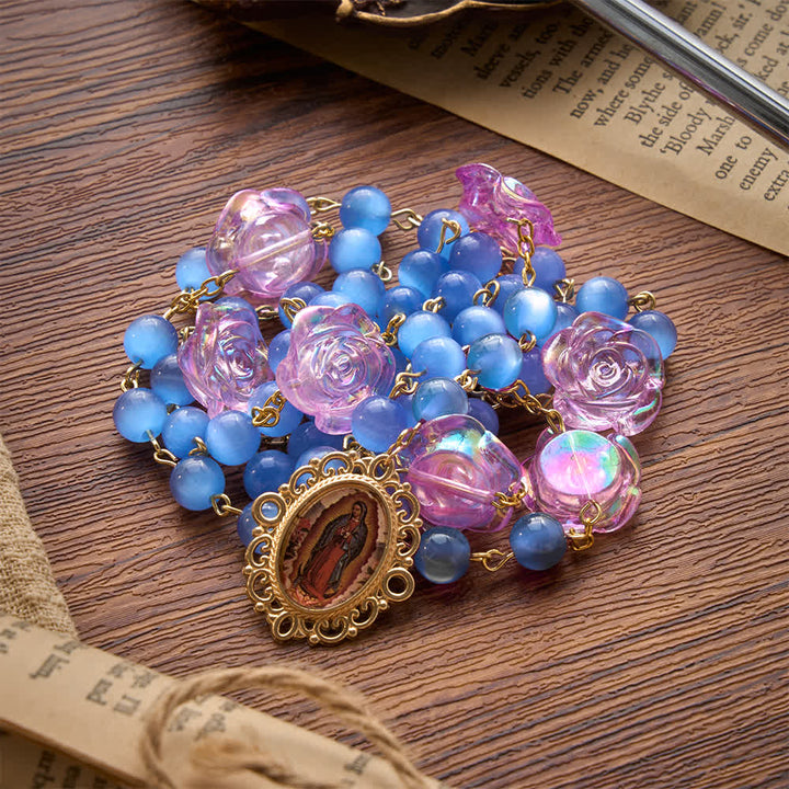 Christianartworkshop Rosenkranz mit blauer Katzenaugenrose und Marienmedaille: Zeichen der sanften himmlischen Barmherzigkeit - image 3