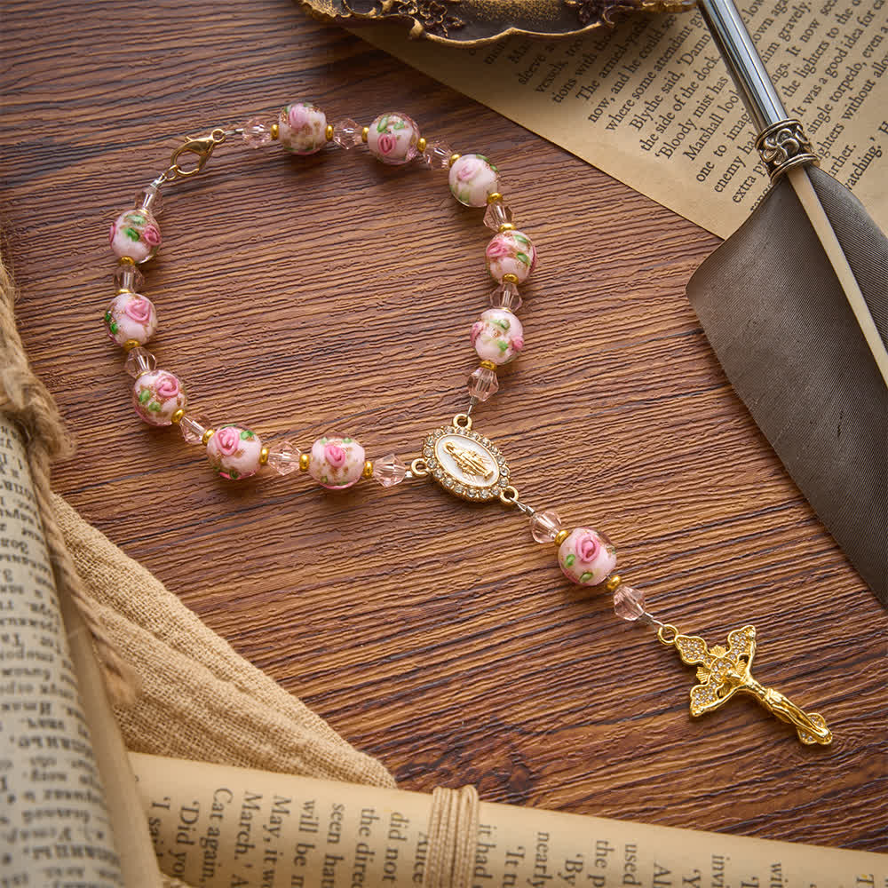 Christianartworkshop Rosenkranz aus bemaltem Glas für die Autotasche mit Strasskreuz: Symbol des sanften himmlischen Friedens - image 5