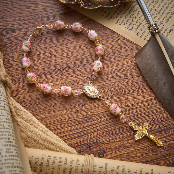 Christianartworkshop Rosenkranz aus bemaltem Glas für die Autotasche mit Strasskreuz: Symbol des sanften himmlischen Friedens - image 5