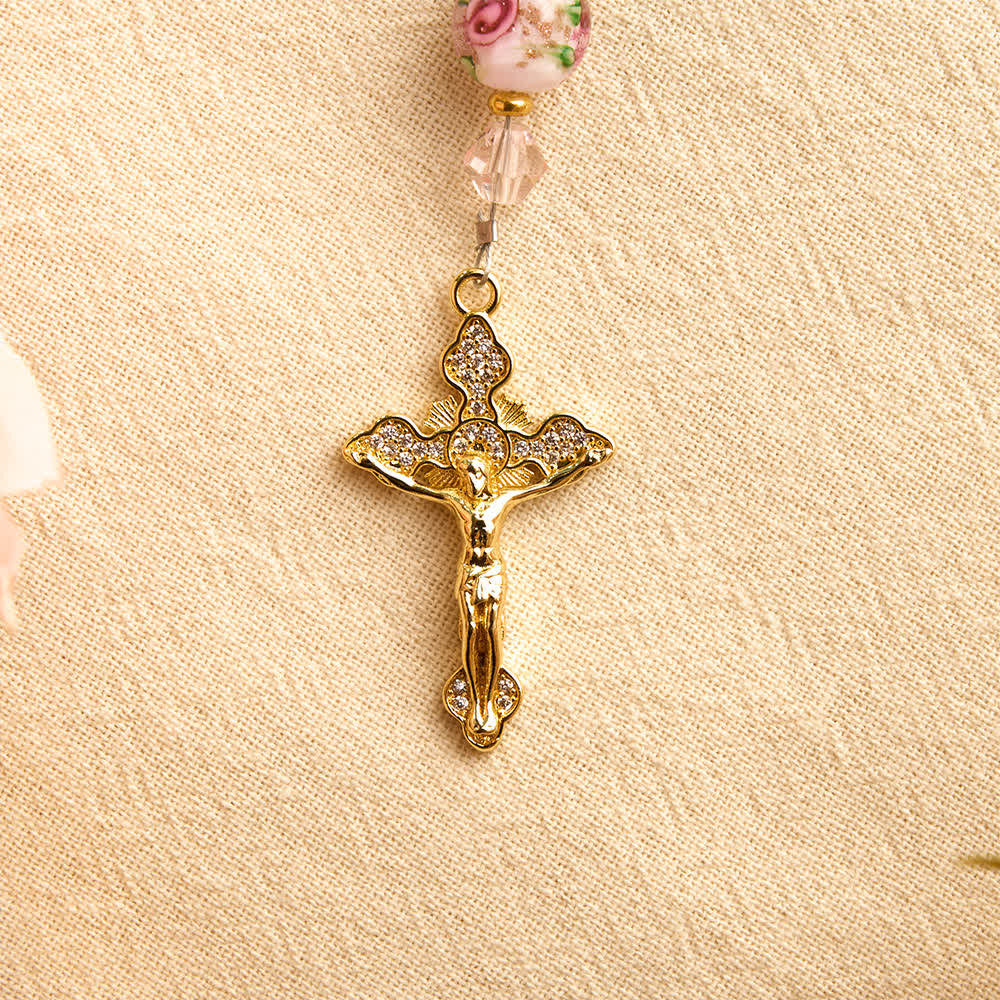 Christianartworkshop Rosenkranz aus bemaltem Glas für die Autotasche mit Strasskreuz: Symbol des sanften himmlischen Friedens - image 9