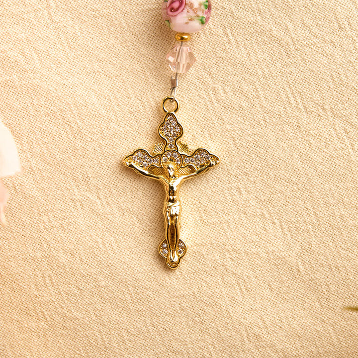 Christianartworkshop Rosenkranz aus bemaltem Glas für die Autotasche mit Strasskreuz: Symbol des sanften himmlischen Friedens - image 9