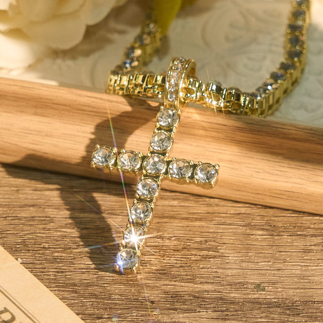 Christianartworkshop Funkelnder, mit Edelsteinen besetzter Kreuzanhänger an Tenniskette: Symbol göttlicher Ruhe und Hoffnung - Golden - 24 Zoll/60 cm - image 5