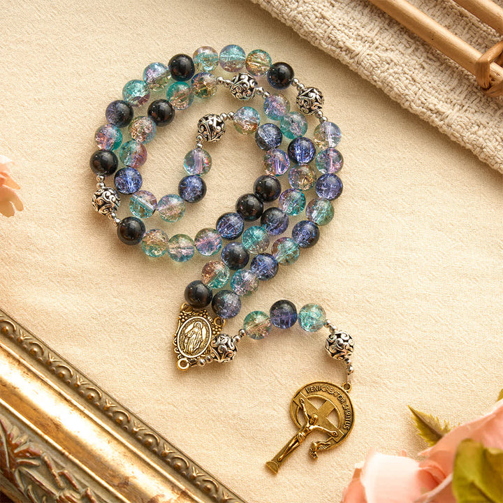 Christianartworkshop Rosenkranz aus galaxiefarbenem Crackle-Glas mit eingraviertem Kruzifix: Symbol zeitloser, heiliger Gnade - Blauer Rosenkranz - image 0