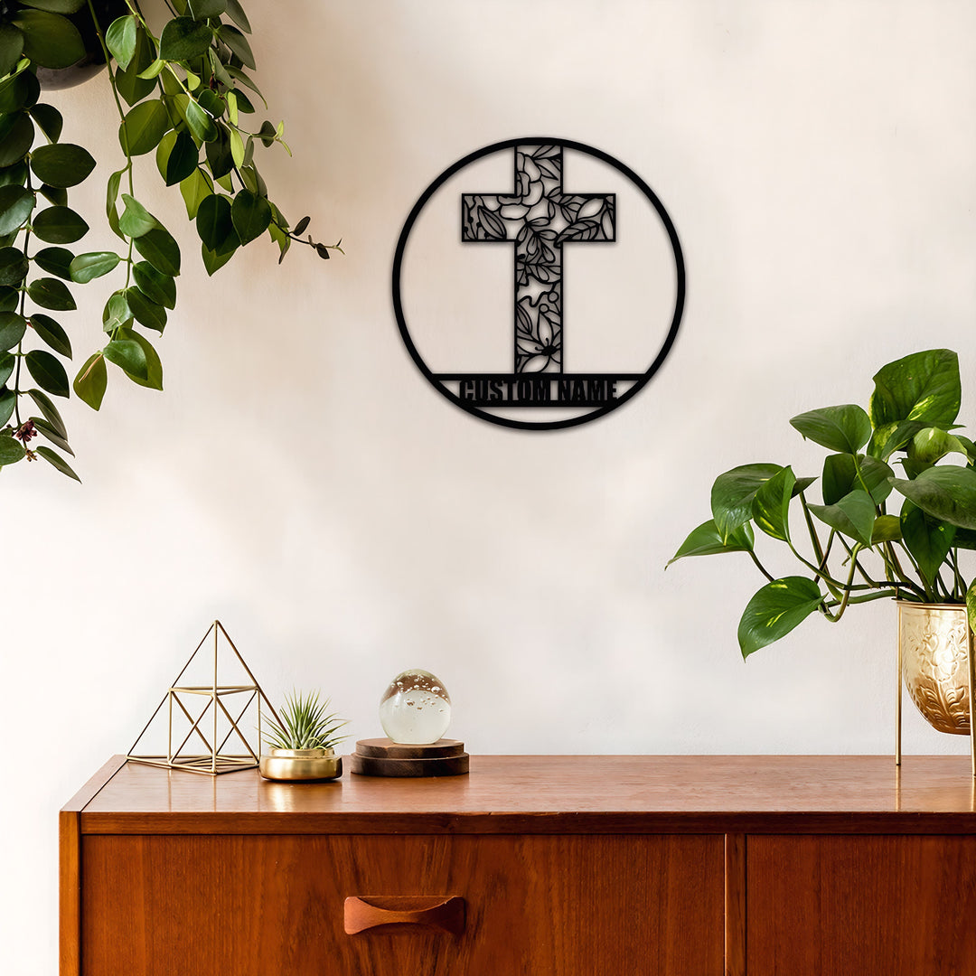 Christianartworkshop Personalisierte Metall-Wanddekoration mit lasergeschnittenem Blumenkreuz: Symbol für Frieden und neues Leben - image 2