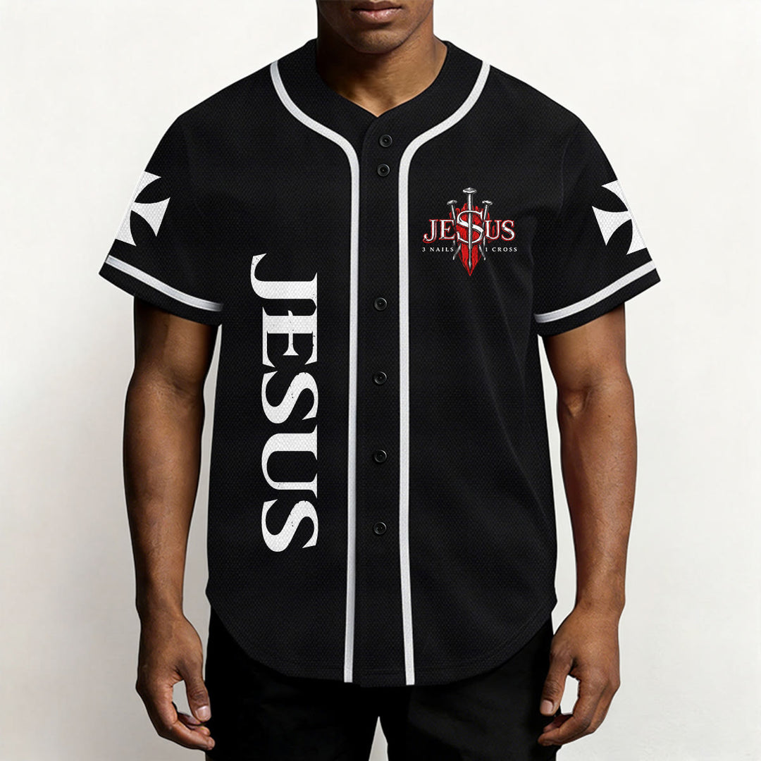 Christianartworkshop Vorderseite Vertikales Jesus-Nagelkreuz-Emblem Rückseite Blitz Löwe von Juda Porträt Button-Up Baseball-Trikot - image 10