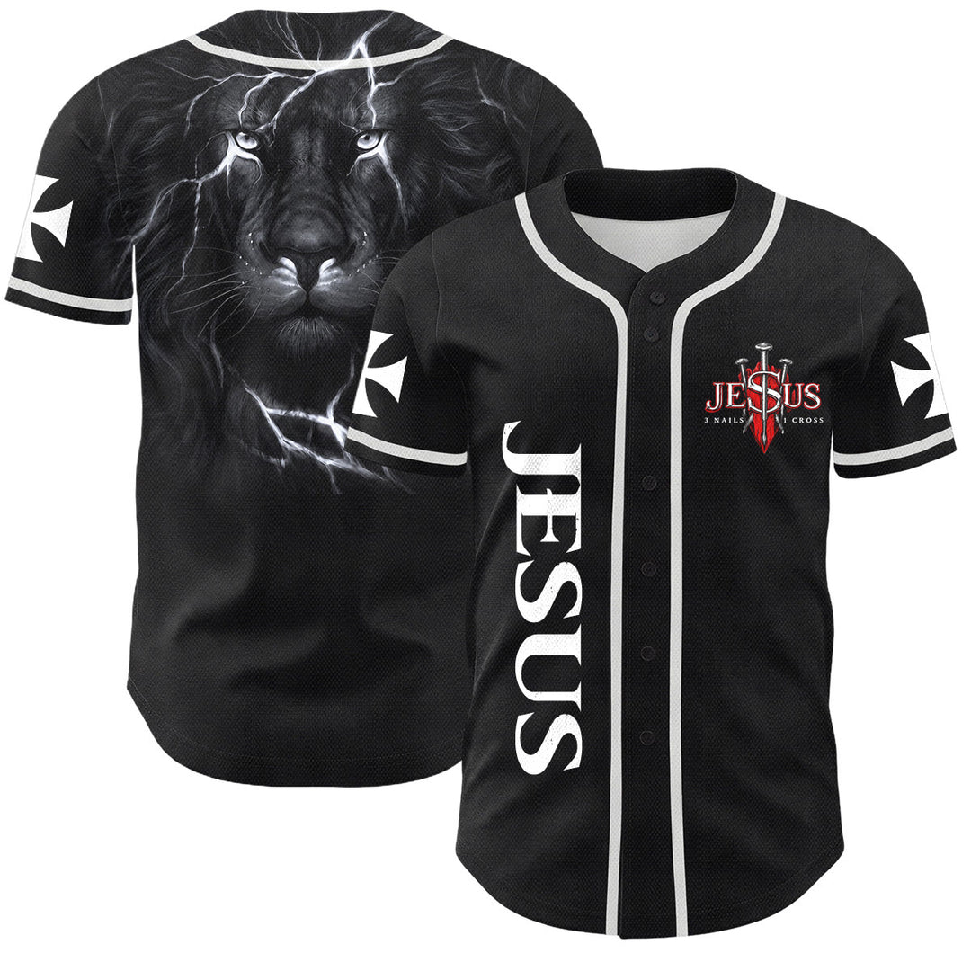 Christianartworkshop Vorderseite Vertikales Jesus-Nagelkreuz-Emblem Rückseite Blitz Löwe von Juda Porträt Button-Up Baseball-Trikot - Weiß - 5XL - image 7