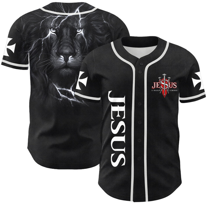 Christianartworkshop Vorderseite Vertikales Jesus-Nagelkreuz-Emblem Rückseite Blitz Löwe von Juda Porträt Button-Up Baseball-Trikot - Weiß - 5XL - image 7