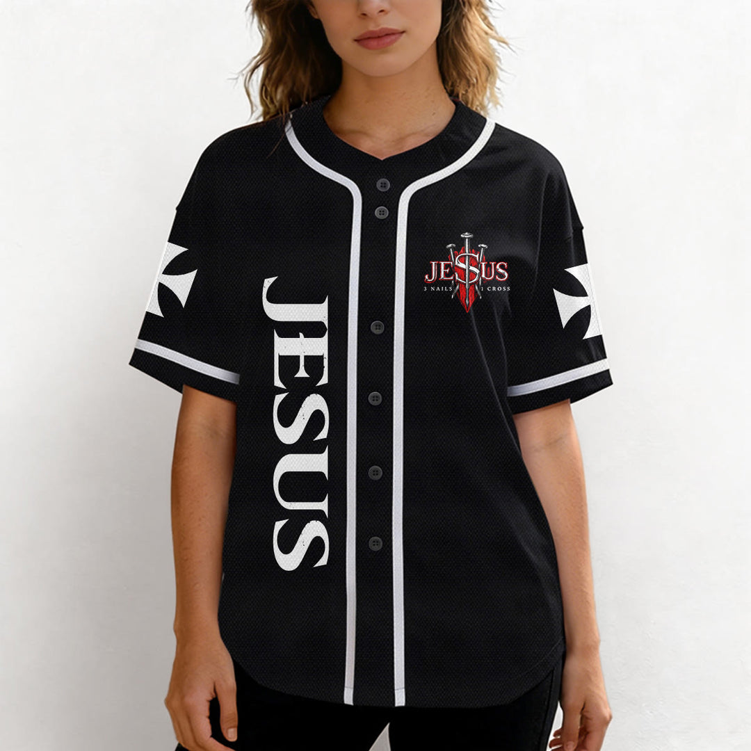 Christianartworkshop Vorderseite Vertikales Jesus-Nagelkreuz-Emblem Rückseite Blitz Löwe von Juda Porträt Button-Up Baseball-Trikot - image 12