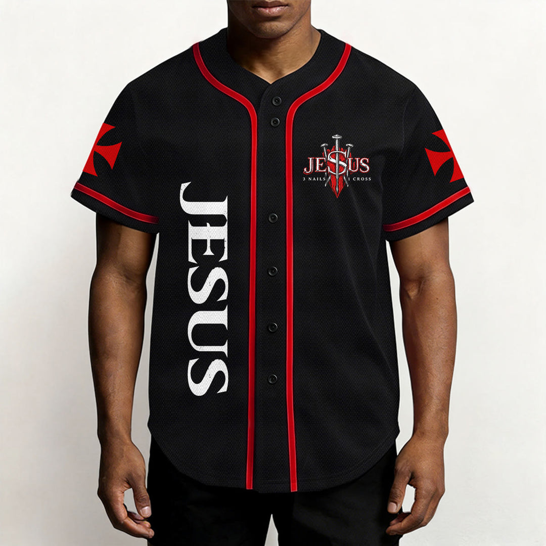Christianartworkshop Vorderseite Vertikales Jesus-Nagelkreuz-Emblem Rückseite Blitz Löwe von Juda Porträt Button-Up Baseball-Trikot - image 3
