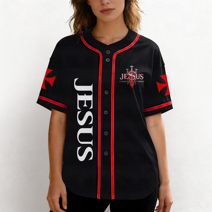 Christianartworkshop Vorderseite Vertikales Jesus-Nagelkreuz-Emblem Rückseite Blitz Löwe von Juda Porträt Button-Up Baseball-Trikot - image 5