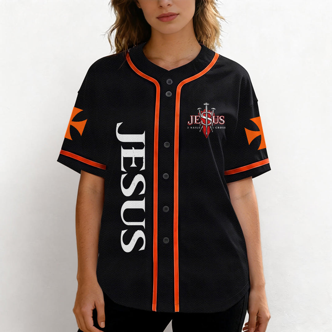 Christianartworkshop Vorderseite Vertikales Jesus-Nagelkreuz-Emblem Rückseite Blitz Löwe von Juda Porträt Button-Up Baseball-Trikot - image 19