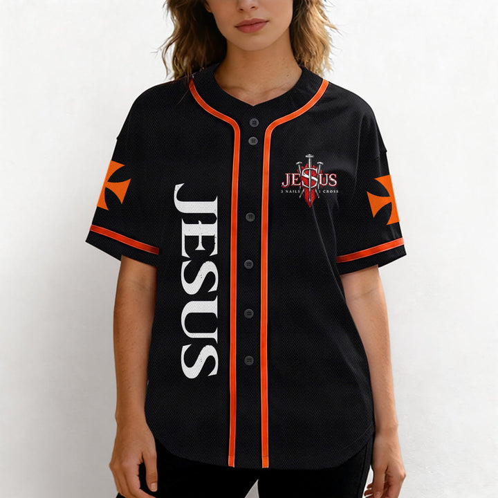Christianartworkshop Vorderseite Vertikales Jesus-Nagelkreuz-Emblem Rückseite Blitz Löwe von Juda Porträt Button-Up Baseball-Trikot - image 19
