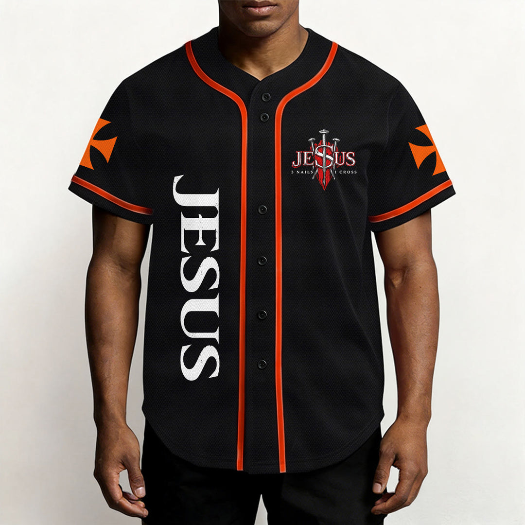 Christianartworkshop Vorderseite Vertikales Jesus-Nagelkreuz-Emblem Rückseite Blitz Löwe von Juda Porträt Button-Up Baseball-Trikot - image 17