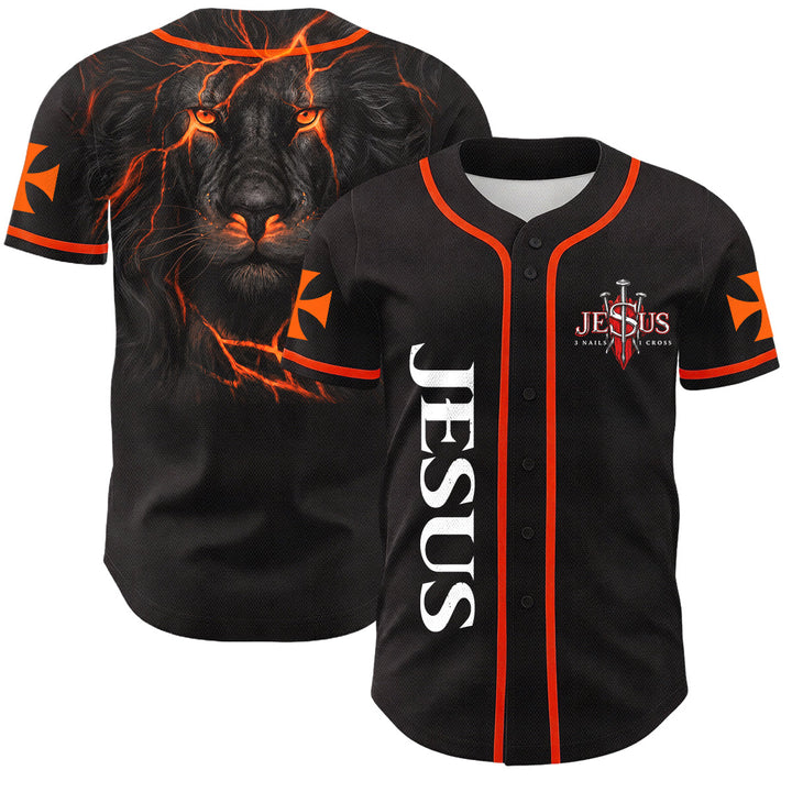 Christianartworkshop Vorderseite Vertikales Jesus-Nagelkreuz-Emblem Rückseite Blitz Löwe von Juda Porträt Button-Up Baseball-Trikot - Orange - 5XL - image 14