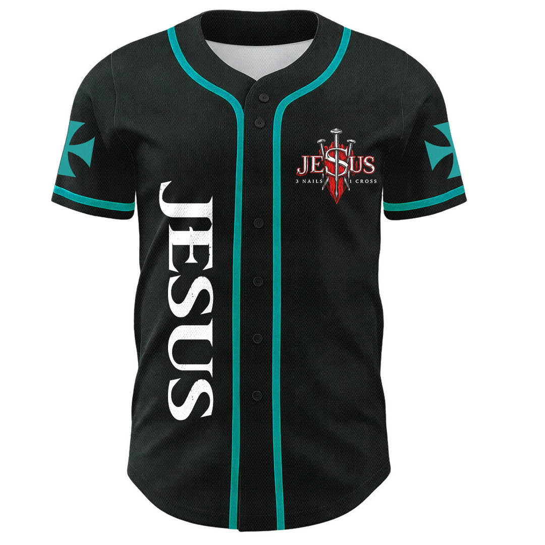 Christianartworkshop Vorderseite Vertikales Jesus-Nagelkreuz-Emblem Rückseite Blitz Löwe von Juda Porträt Button-Up Baseball-Trikot - image 22